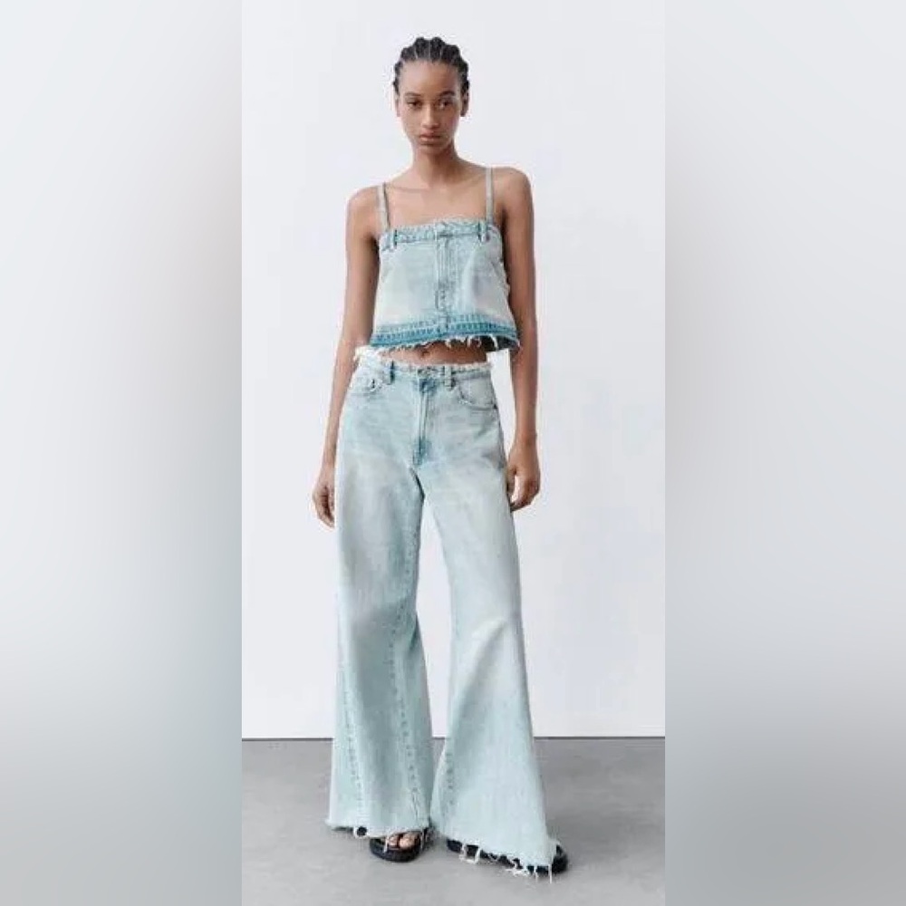 NWOT - ZARA Jean Cropped Pants Spaghetti Strap Blue Wash Crop Top - Picture 2 of 4